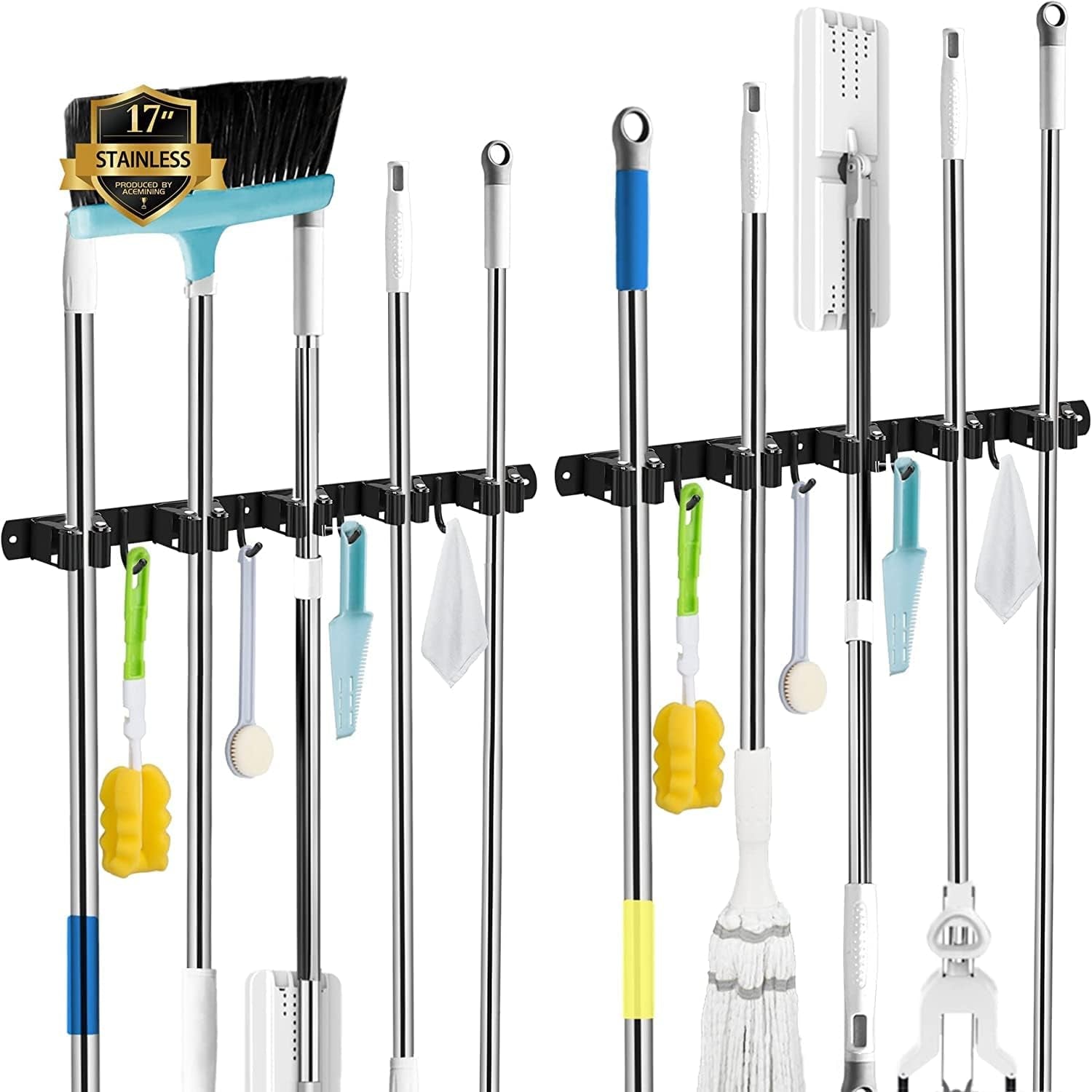 5 Holders+4 Hooks Broom Holder Wall Mounted with Nails Installation, Heavy Duty Stainless Steel Mop Holder, Brush Mop and Broom Storage Self Adhesive