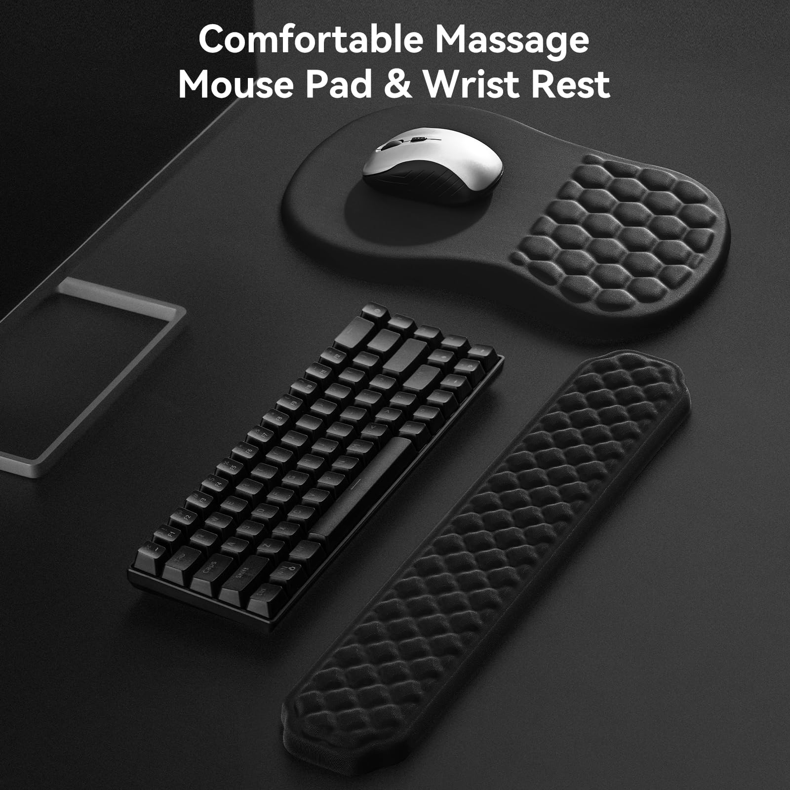 EooCoo Keyboard and Mouse Pad Wrist Support Set with Massage Design, Ergonomic Mouse Mat, Wrist Rest Pain Relief Mousepad with Memory Foam & Non-Slip PU Base (12x8 inch,Black) - Very Comfortable