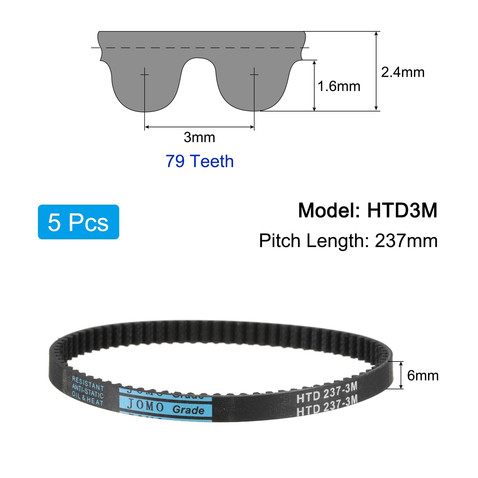 sourcing map 5pcs HTD-3M Rubber Timing Belt 79 Teeth, 237mm Pitch Length x 6mm Width x 2.4mm Height, Closed Loop Pulley Timing Belt