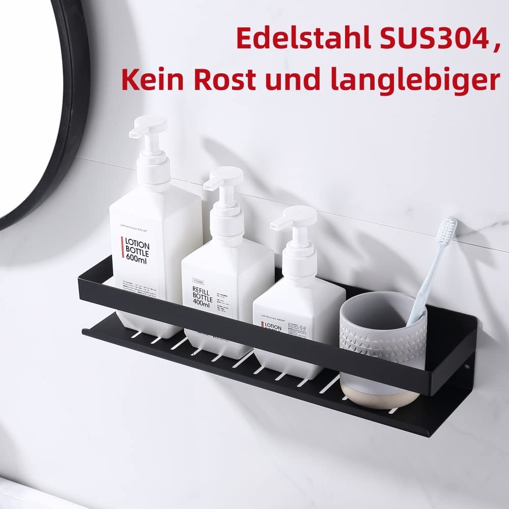 HomeHeng Bathroom Self Adhesive Shower Shelf, Stick on Bathroom Shelf Wall Mounted, 40cm SUS304 Stainless Steel Shower Caddy, Shower Storage Organiser Matt Black Finish, H91107-40MB