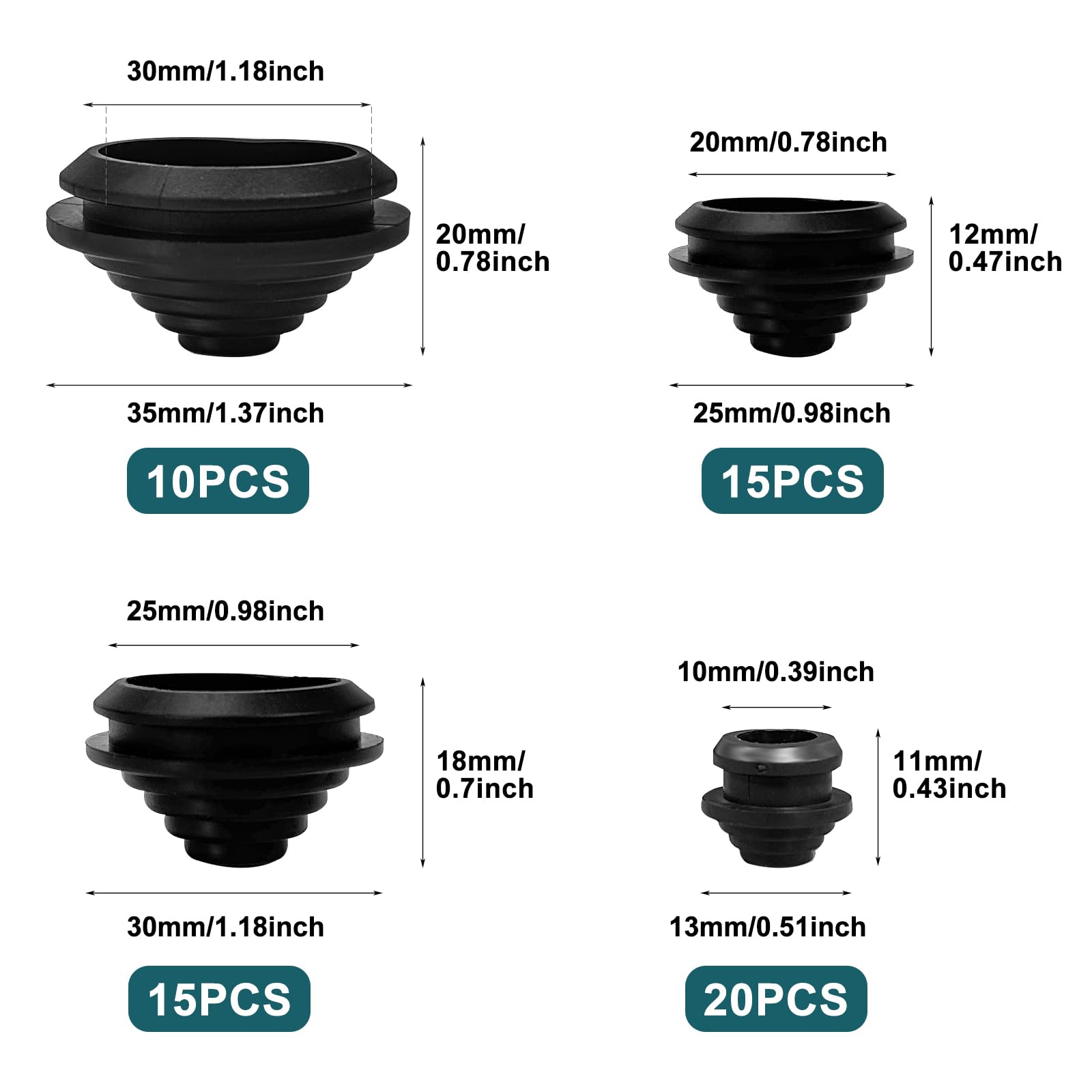 60 Pcs Rubber Grommet Kit, 10 mm/20 mm/25 mm/30 mm Protection Firewall Hole Plug, Gasket Guard Ring, Rubber Grommet, Electrical Wire Gaskets, Gasket Protector Ring Hole for Cable, Wire, connectors